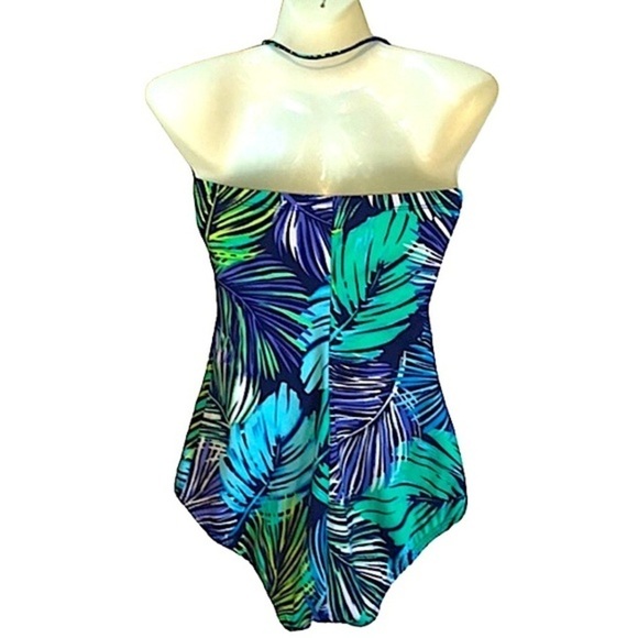 JANTZEN One Piece Swimsuit Size 8 Convertible Halter/Strapless Blue & Green Leaf - Picture 5 of 6
